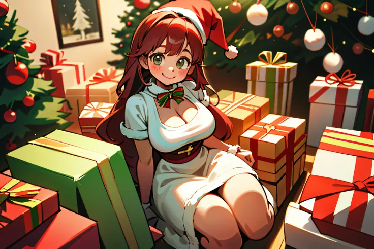 Kawaii Girl、a smile、Christmas、Cute Santa Costumes、Large breasts、surrounded by many presents、next to the big Christmas tree、many decorations on the christmas tree、inside in room