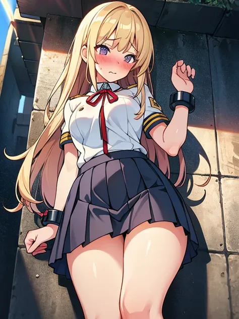 Realistic, outdoor, 1wall, wide angle,1girl, long hair, shy, embarrassed, blushed, wide angle, POV, from below, standing, neck in shackles, neck chained on wall, (JK uniform,micro skirt), light rays, glow, (masterpiece), wallpaper