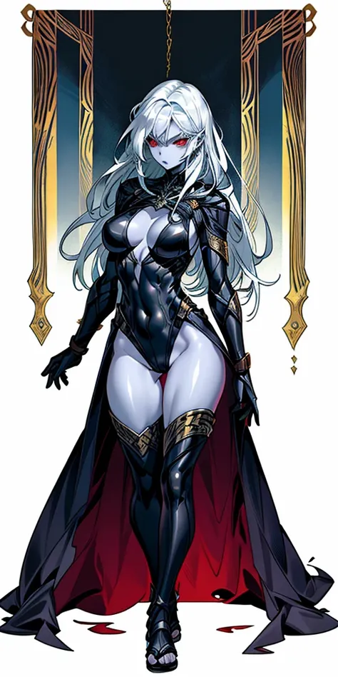 full body wearing golden metal sandals, stunningly female, muscular sensual body, deep silver hair, pale chaik white skin, red eyes, black shackles on legs and arms, white leotard, green cloak