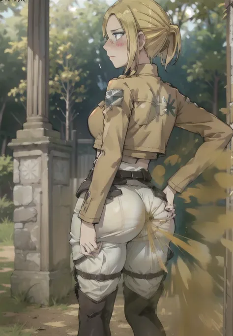 ((annie leonhart)),((velocity)),Attacked by farts, (((Women stand)),velocity,((forest)),((One Woman)),((fart while stand ),her butt facing screen,fullbody,blue eye,blushing)),(​masterpiece:1.2、top-quality)、(the Extremely Detailed CG Unity 8K Wallpapers、ult...