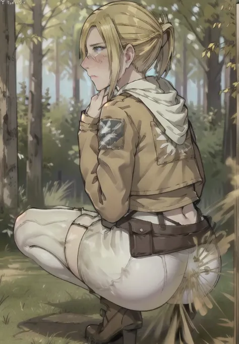 ((annie leonhart)),((velocity)),Attacked by farts, (((Women stand)),velocity,((forest)),((One Woman)),((fart while squat),her butt facing screen,fullbody,blue eye,blushing)),(​masterpiece:1.2、top-quality)、(the Extremely Detailed CG Unity 8K Wallpapers、ultr...