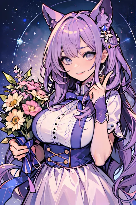 Cute little girl s, sparkly eyes, False lashes, Pink lips, A smile, large full breasts, Cute casual outfit, Thumb and four fingers, Anatomically correct fingers, detail portrayal, colourfull, holding the bouquet with both hands, kirakira,