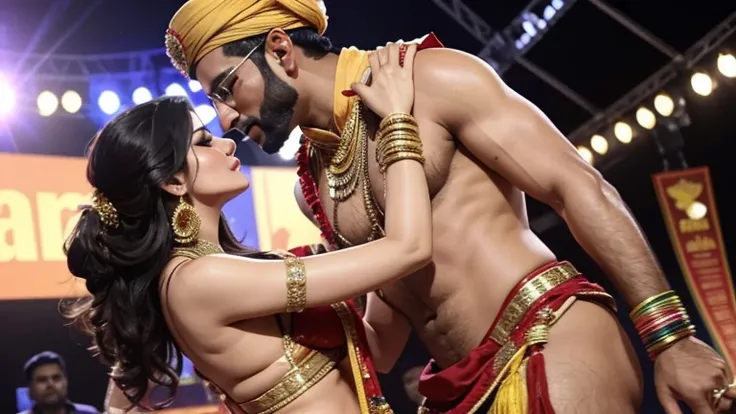 Sunny Leone having  with average Indian man on stage at a carnival, she is wearing sexy indian clothes, NSFW, kissing, people touching her body