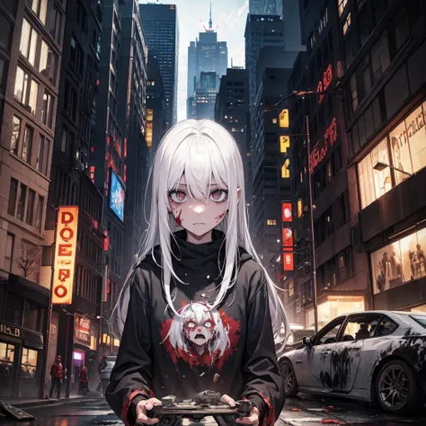 zombie, white hair, destroyed city, zombies around, destroyed cars