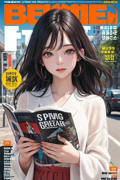 masterpiece, best quality, spring outfit, colorful hair, outdoor, magazine cover ,upper body,