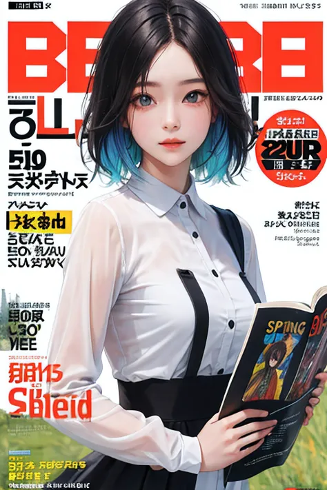 masterpiece, best quality, spring outfit, colorful hair, outdoor, magazine cover ,upper body,