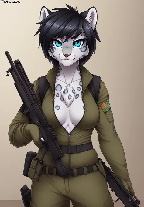 by fluff-kevlar, (best quality, masterpiece:1), solo, anthro, furry, female, ((Snow Leopard)), blue eyes, black hair, short hair, portrait, fingers, finger claws, looking at viewer, snow leopard tail, ((huge tuft of hair on the chest)), ((Military uniform)...