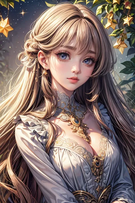 (best quality,8K,CG), detailed upper body, lonely girl, floral forest background, intricate facial features, elegant long curly hair, almond-shaped big eyes, detailed eye makeup, long eyelashes, twinkling stars, exquisite lip details, soft and harmonious s...