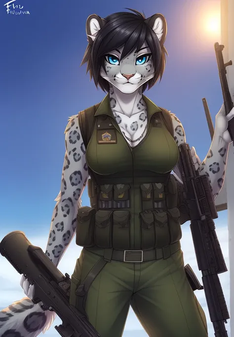 by fluff-kevlar, (best quality, masterpiece:1), solo, anthro, furry, female, ((Snow Leopard)), blue eyes, black hair, short hair, portrait, fingers, finger claws, looking at viewer, snow leopard tail, ((huge tuft of hair on the chest)), ((Military uniform)...