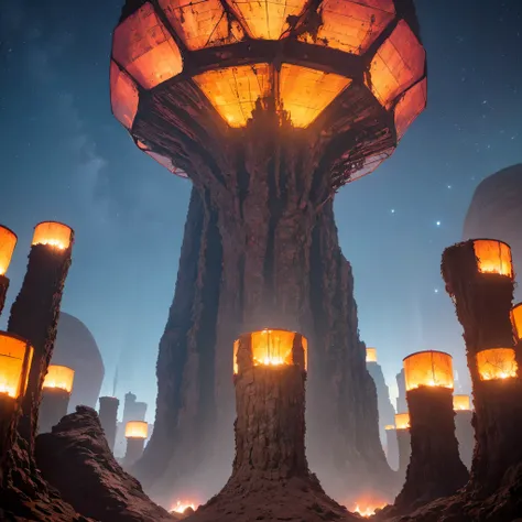 Alien Hexagonal Base (very detailed nipples) In a hexagonal mountain oasis，There are several hexagonal exhaust fans and chimneys, some neon lights projecting from the base，Light up the dark night), There are some clouds in the night sky, Some surrounding p...