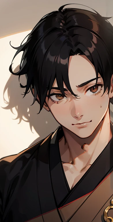 (((1boy))), ((Toned)), Male Focus, masutepiece, High quality, (masutepiece:1.2), (Best Quality:1.2), shiny, Realistic, ornate, intricate skin, ((Black hair)), (Short hair), Brown eyes, hair_stick, Hot_Boy, Japanese_Clothes, Solo, base of ear, sad eyes, loo...