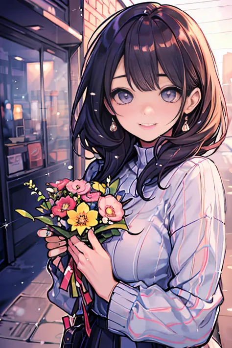 (Best Quality), 1 girl in, cute  face, sparkling small eyes, False lashes, Pink lips, A smile, large full breasts, Cute casual outfit, Thumb and four fingers, Anatomically correct fingers, detail portrayal, colourfull, holding the bouquet with both hands, ...