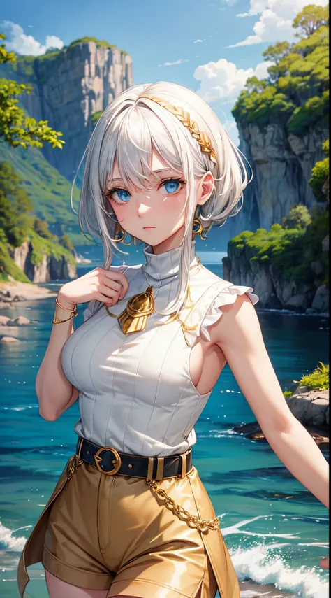 Master piace, super detail, quality, Woman, adult, white hair, blue eyes, 2d ocean back groud, green sleeveless turtleneck shirt, beige shorts, gold leaf belt, cut-in, nature theme, buble effect