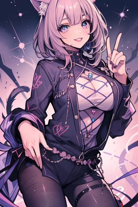 Cute girl with cat ears, Short Bob Hair, A dark-haired, sparkly eyes, False lashes, Pink lips, A smile, large full breasts, Cute casual outfit, Thumb and four fingers, Anatomically correct fingers, detail portrayal, colourfull,