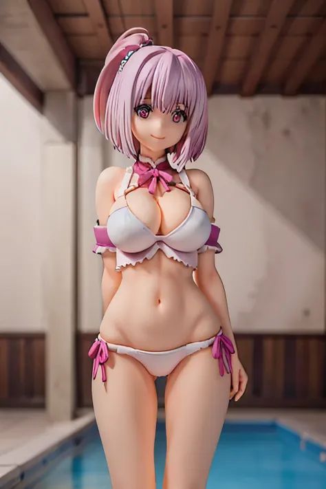 Busty, thick, upperbody, white bikini, very huge tits, busty, half body, akane, light purple hair, pink eyes, short hair, at pool, random pose, smile,