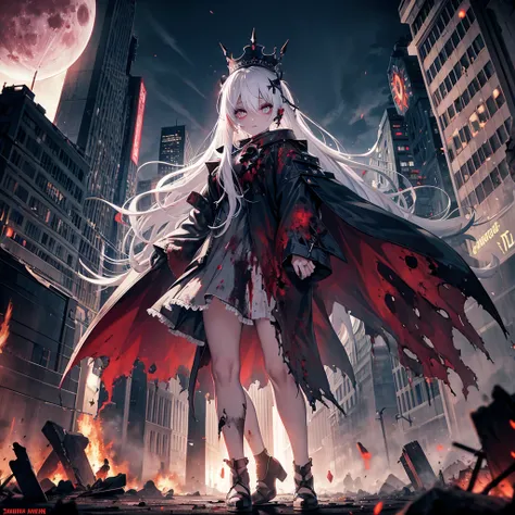 zombie girl, white hair, crown, destroyed city, zombies around, destroyed cars, blood red moon, flying monsters