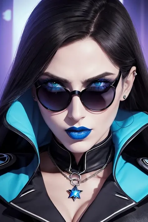 woman supervillain of ice,face detailed, using sunglasses, blue lipstick, general nazi with cape, black clothes, style nazi cleavage with cape, psycho, serial killer, beautiful, sexy, curvys