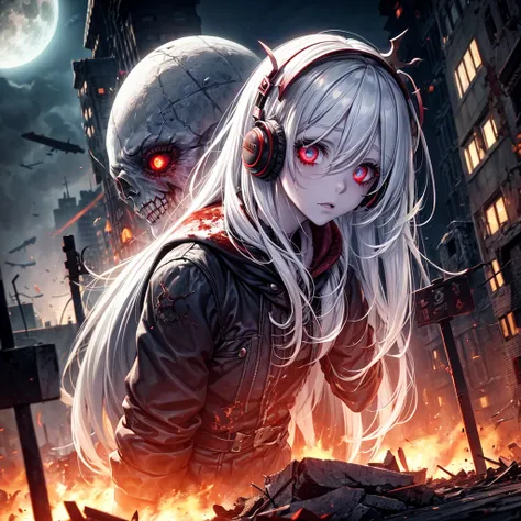 zombie girl, white hair, with headphones, crown, symmetrical body, destroyed city, zombies around, destroyed cars, blood red moon, flying monsters