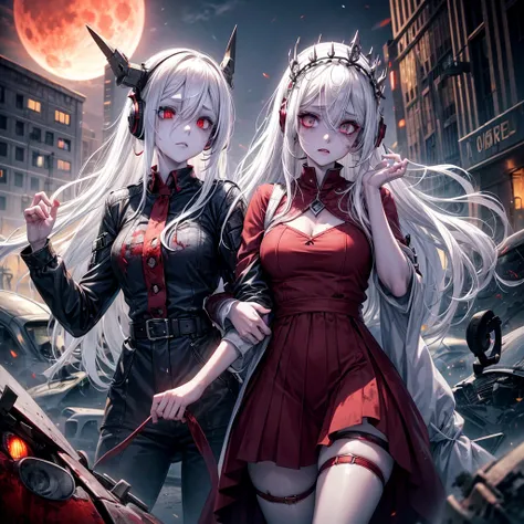 zombie girl, white hair, with headphones, crown, symmetrical body, destroyed city, zombies around, destroyed cars, blood red moon, flying monsters