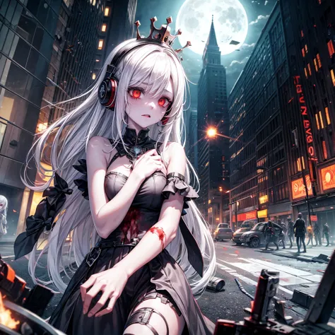 zombie girl, white hair, with headphones, crown, symmetrical body, destroyed city, zombies around, destroyed cars, blood red moon, flying monsters