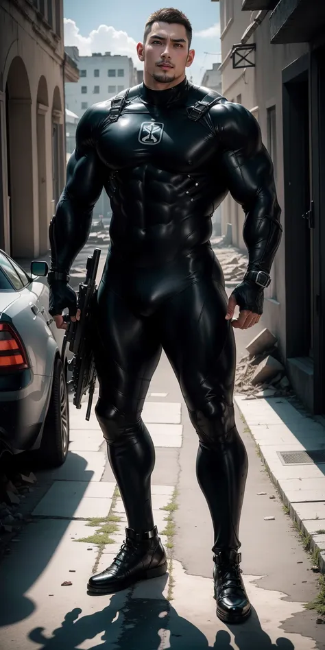 A tall, muscular man 2 meters tall opened his mouth and shouted.，He opened his mouth wide，character  design（Resident Evil - Chris Redfield，Chris Redfield）Wearing a shiny dark gray wetsuit，The whole body is wrapped，High-end leather texture，Regular symmetric...