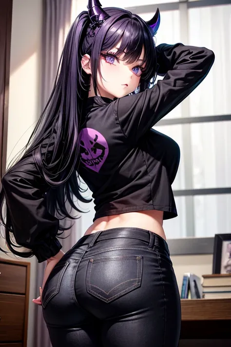 Goth Girl. (((1person))), In Bedroom. Standing. Medium size breasts, butt crack, love handles. Black Horns, Medium length hair, Black hair, purple eyes, purple eyeliner. Black T-Shirt. Tight Jeans. punk fashion, sexy confident expression, blushing face. Ma...