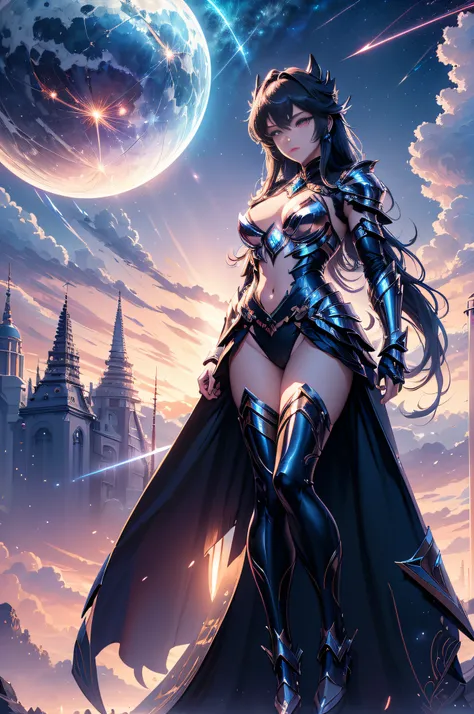 Ultra-high saturation,(tmasterpiece), fully body villain pose:1.3,Denoising of Strength:1.45,(best qualtiy),iridescent lighting, (1girll), starryskybackground,Wearing shiny gold armor, Sexy lingerie type armor,Expose your chest,Expose the waistline,Exposin...