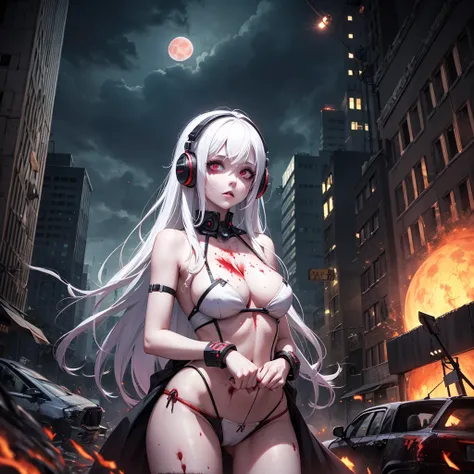 zombie girl, white hair, with headphones, symmetrical body, destroyed city, zombies around, destroyed cars, blood red moon, flying monsters