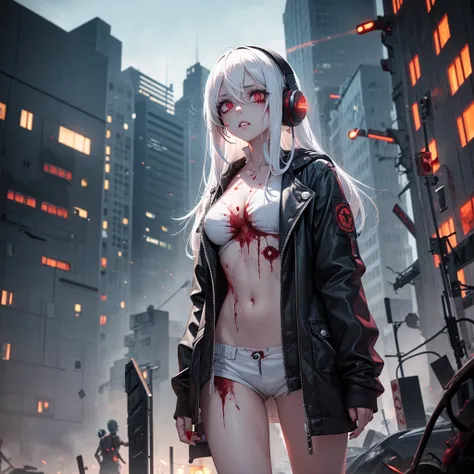 zombie girl, white hair, with headphones, symmetrical body, destroyed city, zombies around, destroyed cars, blood red moon, flying monsters