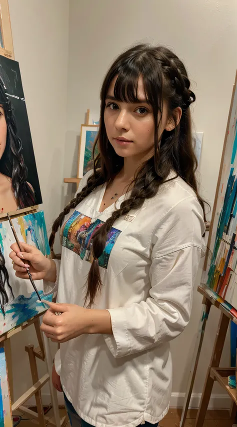 masterpiece, best quality, ultra-detailed, 1girl, art studio, painting, braided hair, bangs, medium wavy hair, black hair, artist, paint, working