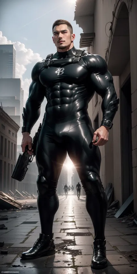 A tall, muscular man 2 meters tall opened his mouth and shouted.，He opened his mouth wide，character  design（Resident Evil - Chris Redfield，Chris Redfield）Wearing a shiny dark gray wetsuit，The whole body is wrapped，High-end leather texture，Regular symmetric...