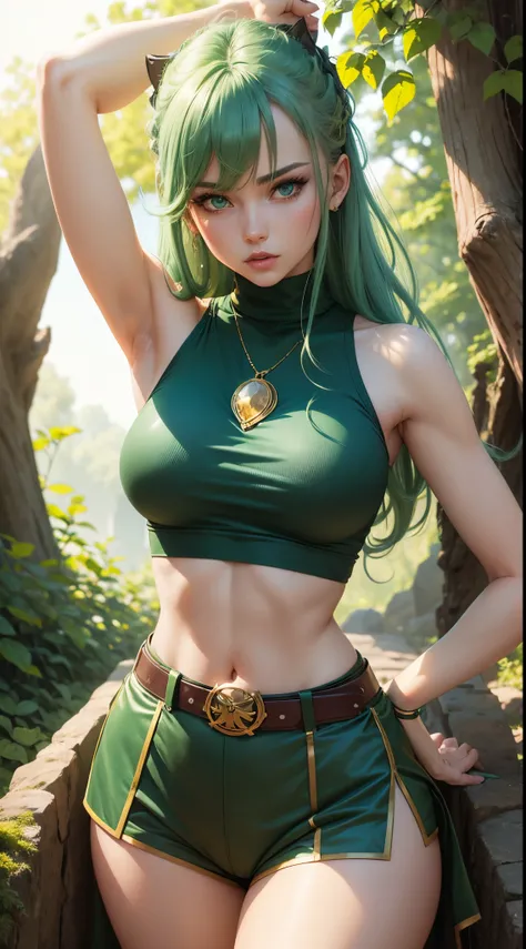 Master piace, super detail, quality, sensuality woman, , green hair, blue eyes, 2d blue background, green sleeveless turtleneck shirt, beige shorts, gold leaf belt, cut-in, butt,  nature theme, buble effect