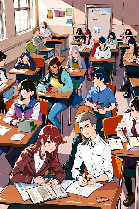 there are many people sitting at desks in a classroom, typical anime classroom, student, school class, in a classroom, studying in a brightly lit room, textbook illustration in clolour, sitting in the classroom, college students, academic painting, highsch...