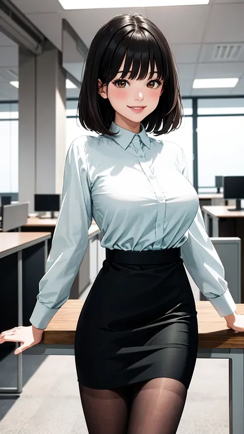 (modern office indoors), 1lady ((solo)), (brown eyes), (black medium hair), bangs, (office casual pencil skirt green), (white shirt), (id card), blush kind smile, (masterpiece best quality:1.2), delicate illustrations, high resolution, ultra-detailed, larg...