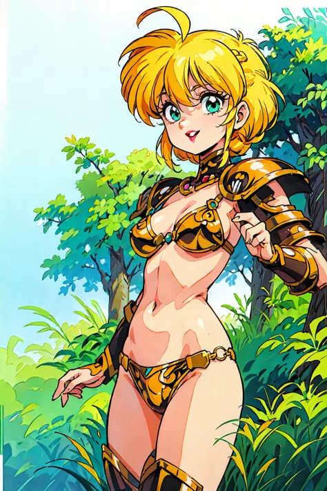 "(masterpiece:1.1), best quality, 
1girl, solo, (80s anime style:1.3), (eyelashes:1.5), (loli:1.2), 
(intricate high detailed body:1.2), 
(yellow hair:1.1), (hair between eyes:1.1), (short hair, french braid:1.1), (demon horns:1.1), 
green eyes, (red lip s...