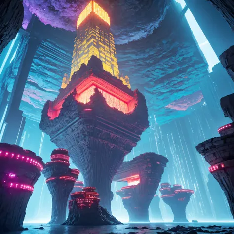 Alien Hexagonal Base (very detailed nipples) In a hexagonal mountain oasis，There are several hexagonal exhaust fans and chimneys, some neon lights projecting from the base，Light up the dark night), There are some clouds in the night sky, Some surrounding p...