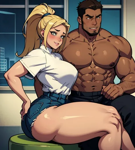 girl is curvy with thick thighs and wide hops, a big thick ass, massive ass, one guy with dark skin, Girl is sitting on guys lap, guy sitting down, She is wearing short shorts, She is blushing and he is smirking, girl has blonde hair in a ponytail, his han...