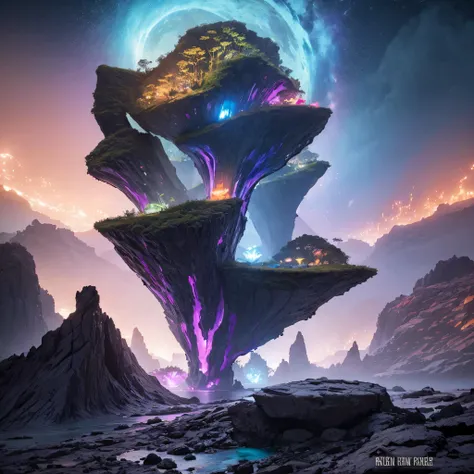 Alien Hexagonal Base (very detailed nipples) In a hexagonal mountain oasis，There are several hexagonal exhaust fans and chimneys, some neon lights projecting from the base，Light up the dark night), There are some clouds in the night sky, Some surrounding p...