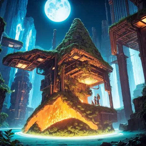 Alien Hexagonal Base (very detailed nipples) In a hexagonal mountain oasis，There are several hexagonal exhaust fans and chimneys, some neon lights projecting from the base，Light up the dark night), There are some clouds in the night sky, Some surrounding p...