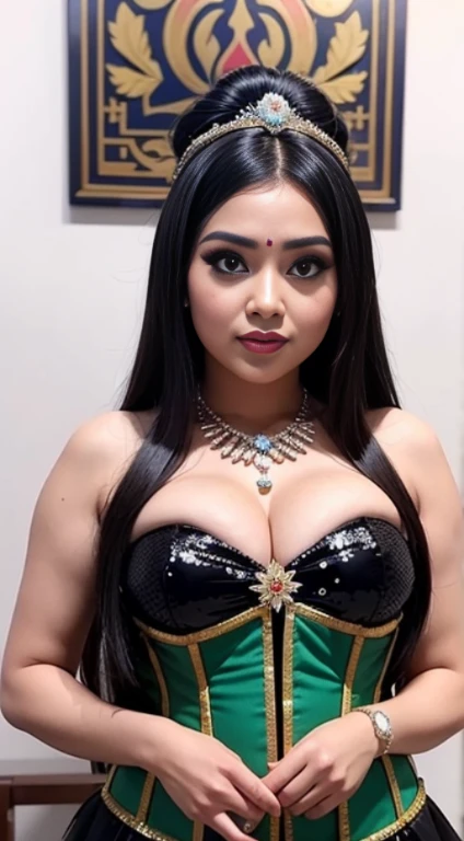 foto ratu cantik tradisional mitos indonesia nyi roro kidul, wajah chubby imut cantik dengan riasan flawless, rambut hitam panjang dengan mahkota, memakai bustier corset hijau mewah (kombinasi bordir dan sequin), memakai rok batik dengan hiasan selendang, ...