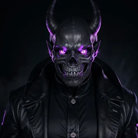 Monster teeth, Purple eyes, Black fire on face, Skull demon face, Horn in skull face, powerful magical suit, dark, heaven background.