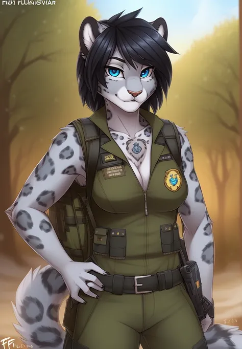 by fluff-kevlar, (best quality, masterpiece:1), solo, anthro, furry, female, ((Snow Leopard)), blue eyes, black hair, short hair, portrait, fingers, finger claws, looking at viewer, snow leopard tail, ((huge tuft of hair on the chest)), ((Military uniform)...