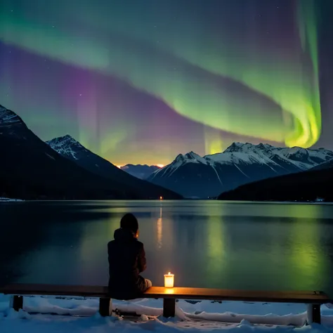 Person sitting on a bench st the shore of a perfectly still lake in the mountains, watching the northern lights trsil in the sky and the sun completely gone, leaving the perosn alone in the dark