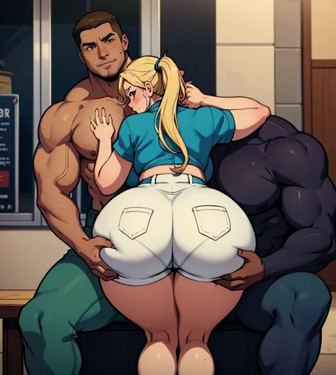 girl is curvy with thick thighs and wide hops, a big thick ass, massive ass, one guy with dark skin, Girl is sitting on guys lap, guy sitting down, She is wearing short shorts, She is blushing and he is smirking, girl has blonde hair in a ponytail, his han...