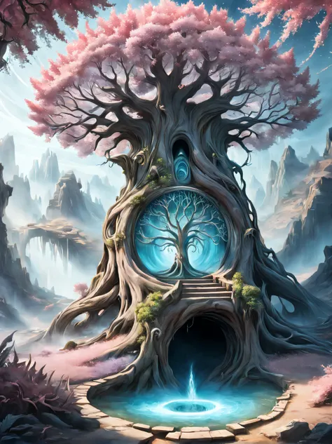 magical plants, Concept art, magical aura:1.3, (A 5,000-year-old tree with a portal to a time slip), (The entrance to the time slip is a mysterious aura vortex), Entrance to time travel to another dimension world, warp zone, pastel pink tree々, Entrance to ...