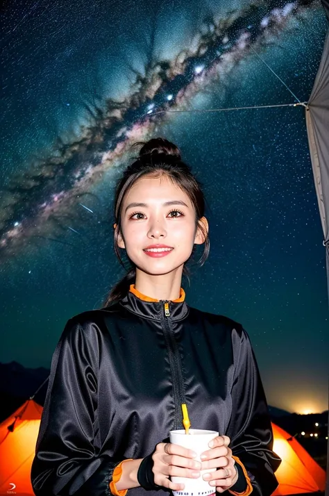 A cute woman similar to An Nakamura、Super clean and slender、Excellent style  、An ultra-high picture quality、extremely delicate face, Skin and hair、((Semi-long chignon hair))、dark brown hair、((Cold mountaineering wear))、((Mountain Girl))、((Tent area at nigh...