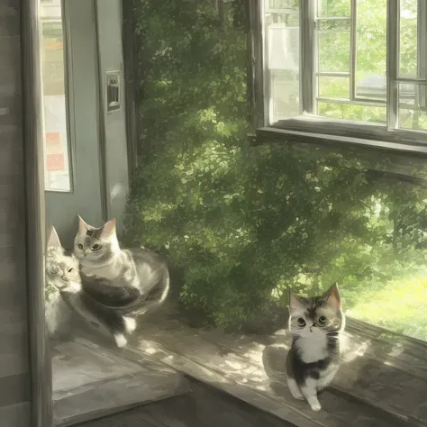 A round-eyed cute cat,Read the newspaper, Sunlight outside the window