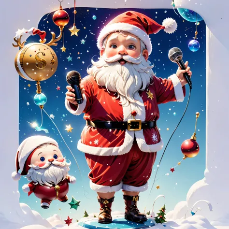 ((1 cute Santa Claus))，((Singing with a microphone)), (((Many syllable symbols are floating in the air)))，Christmas elements，Snowy days，8K, Irridescent color, vivd colour