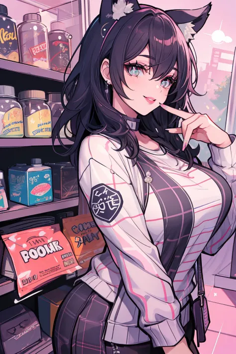 Cute girl with cat ears, Bob Hair, A dark-haired, sparkly eyes, False lashes, Pink lips, A smile, large full breasts, Cute casual clothes, Thumb and four fingers, Anatomically correct fingers, detail portrayal, colourfull,