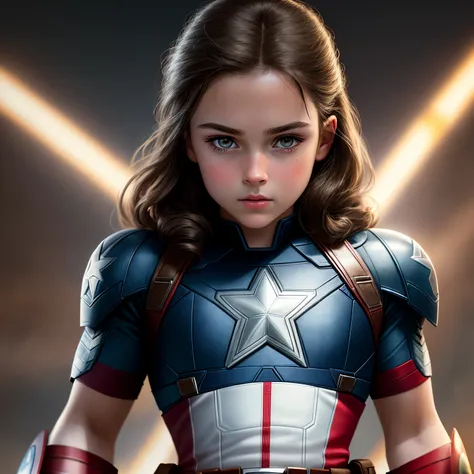 Young, 6 years old, brunette,front view like Captain America 8k, high resolution, detailed face, detailed face, detailed eyes, detailed costume, Marvel and DC style, hyper-realistic, + cinematic shooting + dynamic composition, incredibly detailed, sharp, d...